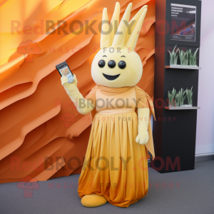 Gold Carrot mascot costume character dressed with a Maxi Skirt and Clutch bags