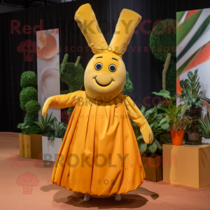 Gold Carrot mascot costume character dressed with a Maxi Skirt and Clutch bags