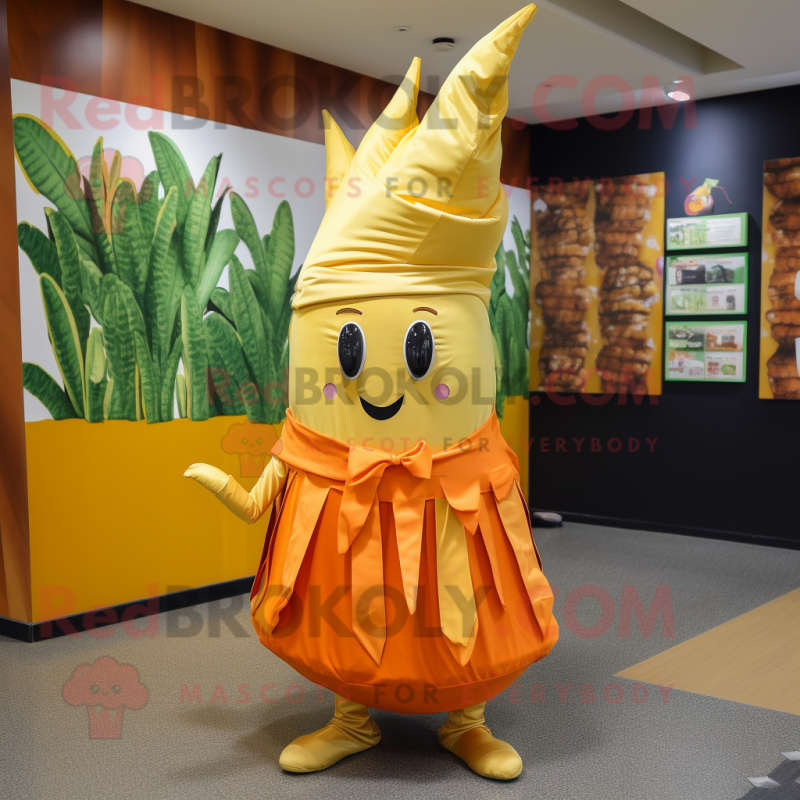 Gold Carrot mascot costume character dressed with a Maxi Skirt and Clutch bags