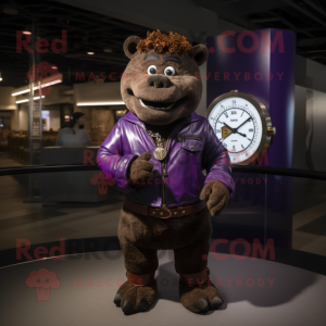 Purple Beef Wellington mascot costume character dressed with a Leather Jacket and Bracelet watches