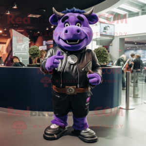 Purple Beef Wellington mascot costume character dressed with a Leather Jacket and Bracelet watches