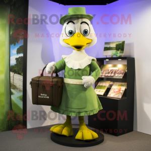 Olive Goose mascot costume character dressed with a Pencil Skirt and Wallets