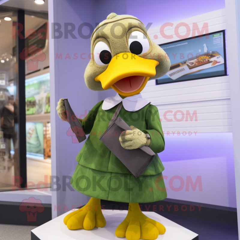 Olive Goose mascot costume character dressed with a Pencil Skirt and Wallets Olive Goose mascot costume character dressed with a Pencil Skirt and Wallets