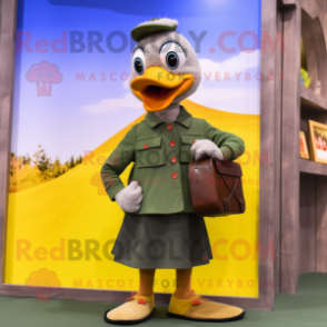 Olive Goose mascot costume character dressed with a Pencil Skirt and Wallets