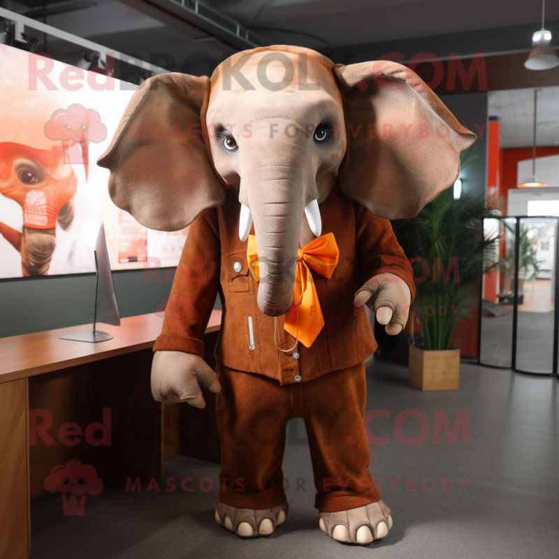 Rust Elephant mascot costume character dressed with a Skirt and Tie pins Rust Elephant mascot costume character dressed with a Skirt and Tie pins