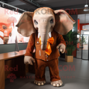 Rust Elephant mascot costume character dressed with a Skirt and Tie pins