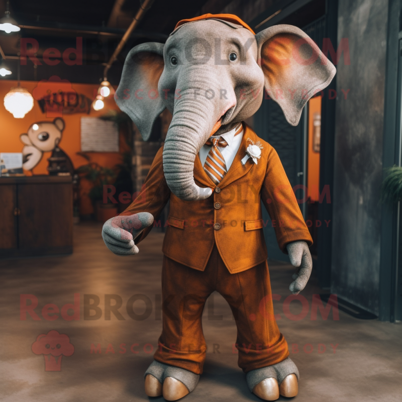 Rust Elephant mascot costume character dressed with a Skirt and Tie pins