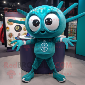 Teal Spider mascot costume character dressed with a V-Neck Tee and Rings