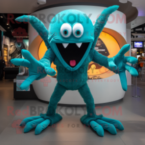 Teal Spider mascot costume character dressed with a V-Neck Tee and Rings