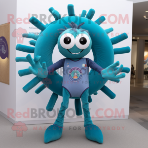 Teal Spider mascot costume character dressed with a V-Neck Tee and Rings