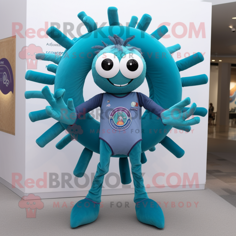 Teal Spider mascot costume character dressed with a V-Neck Tee and Rings Teal Spider mascot costume character dressed with a V-Neck Tee and Rings