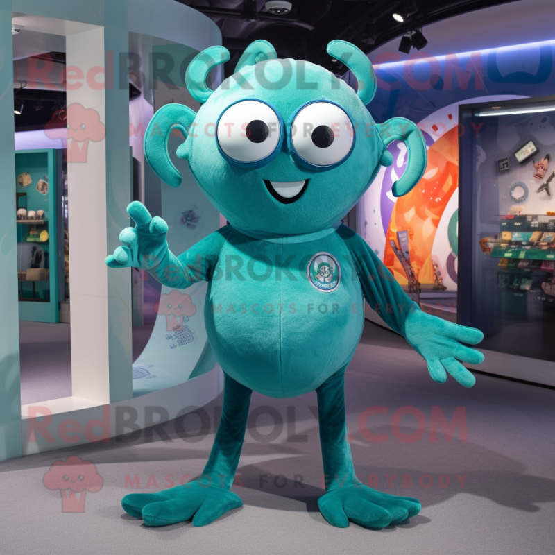 Teal Spider mascot costume character dressed with a V-Neck Tee and Rings Teal Spider mascot costume character dressed with a V-Neck Tee and Rings