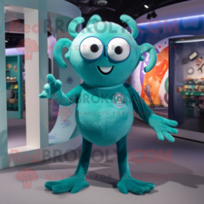 Teal Spider mascot costume character dressed with a V-Neck Tee and Rings