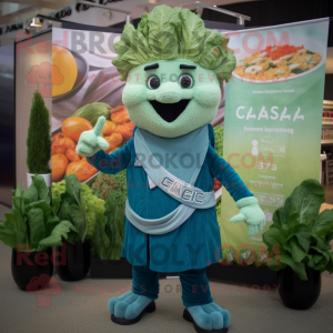 Teal Caesar Salad mascot costume character dressed with a Jacket and Earrings