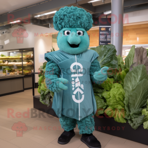 Teal Caesar Salad mascot costume character dressed with a Jacket and Earrings
