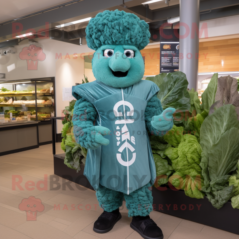 Teal Caesar Salad mascot costume character dressed with a Jacket and Earrings Teal Caesar Salad mascot costume character dressed with a Jacket and Earrings