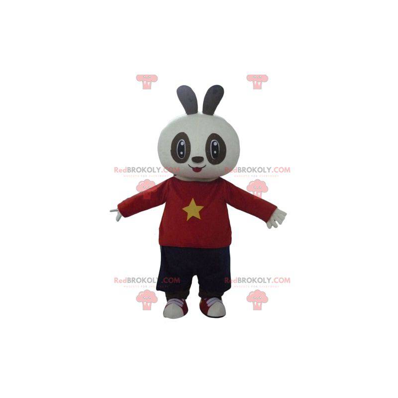 Mascota de conejo blanco y negro en traje rojo y negro -
