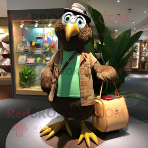 Brown Kiwi mascot costume character dressed with a Bermuda Shorts and Handbags