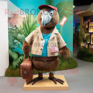 Brown Kiwi mascot costume character dressed with a Bermuda Shorts and Handbags