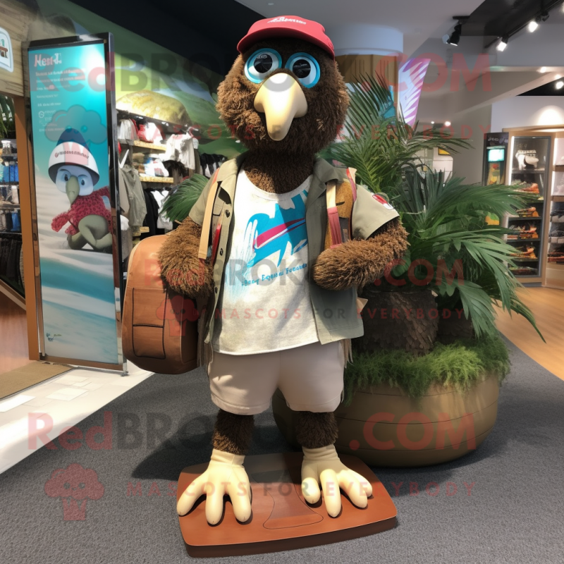 Brown Kiwi mascot costume character dressed with a Bermuda Shorts and Handbags