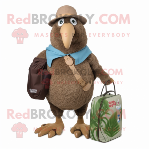 Brown Kiwi mascot costume character dressed with a Bermuda Shorts and Handbags