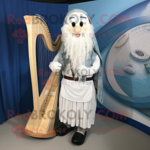 White Celtic Harp mascot costume character dressed with a Chambray Shirt and Shoe laces