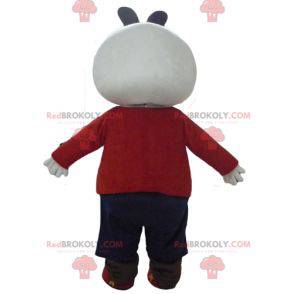 White and black rabbit mascot in red and black outfit -