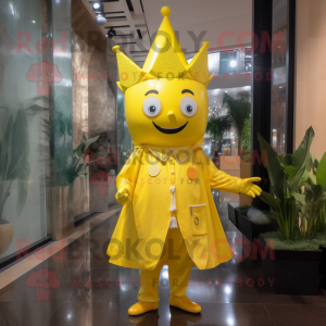 Lemon Yellow Queen mascot costume character dressed with a Raincoat and Suspenders