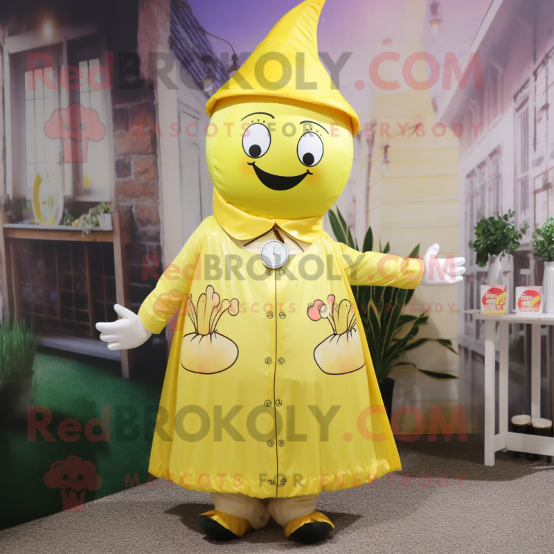 Lemon Yellow Queen mascot costume character dressed with a Raincoat and Suspenders