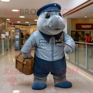 Navy Stellar'S Sea Cow mascot costume character dressed with a Oxford Shirt and Messenger bags