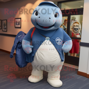 Navy Stellar'S Sea Cow mascot costume character dressed with a Oxford Shirt and Messenger bags
