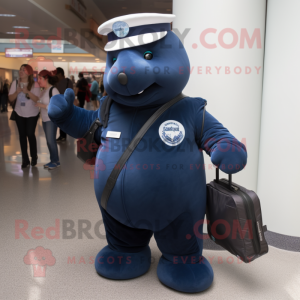 Navy Stellar'S Sea Cow mascot costume character dressed with a Oxford Shirt and Messenger bags