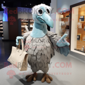 Silver Dodo Bird mascot costume character dressed with a Pencil Skirt and Tote bags