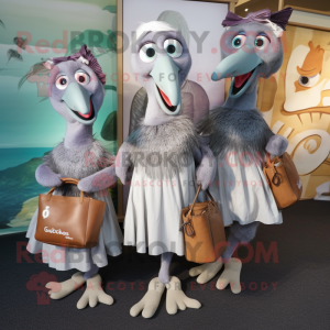 Silver Dodo Bird mascot costume character dressed with a Pencil Skirt and Tote bags
