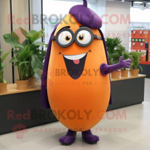 Orange Eggplant mascot costume character dressed with a Pencil Skirt and Eyeglasses