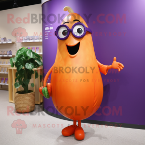 Orange Eggplant mascot costume character dressed with a Pencil Skirt and Eyeglasses