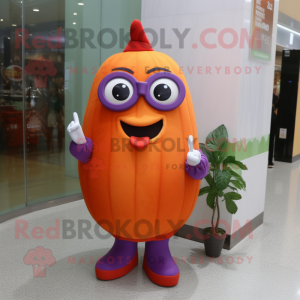 Orange Eggplant mascot costume character dressed with a Pencil Skirt and Eyeglasses