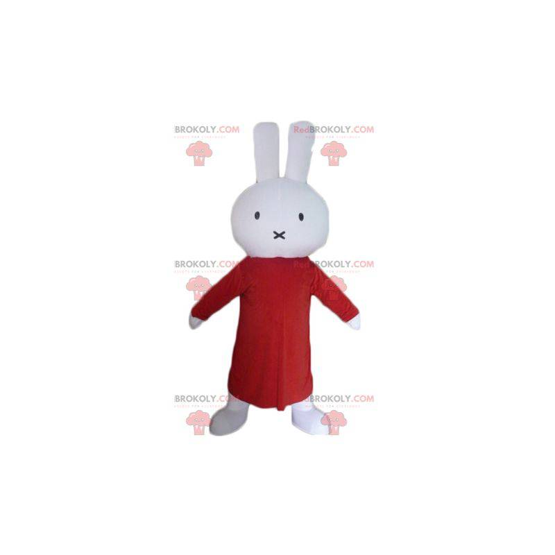 Bílý plyšový králičí maskot s dlouhými červenými šaty -