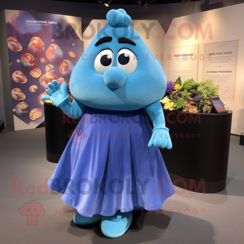 Blue Potato mascot costume character dressed with a Evening Gown and Gloves