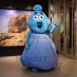 Blue Potato mascot costume character dressed with a Evening Gown and Gloves