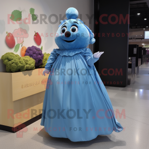 Blue Potato mascot costume character dressed with a Evening Gown and Gloves