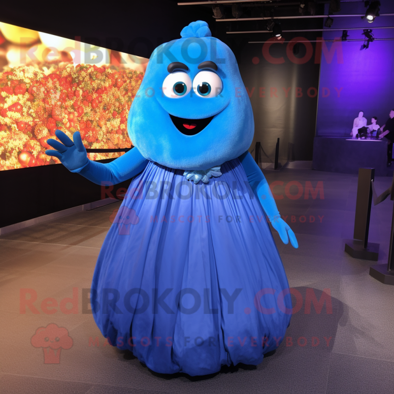 Blue Potato mascot costume character dressed with a Evening Gown and Gloves