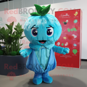 Turquoise Strawberry mascot costume character dressed with a Cover-up and Hair clips