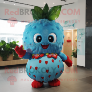 Turquoise Strawberry mascot costume character dressed with a Cover-up and Hair clips