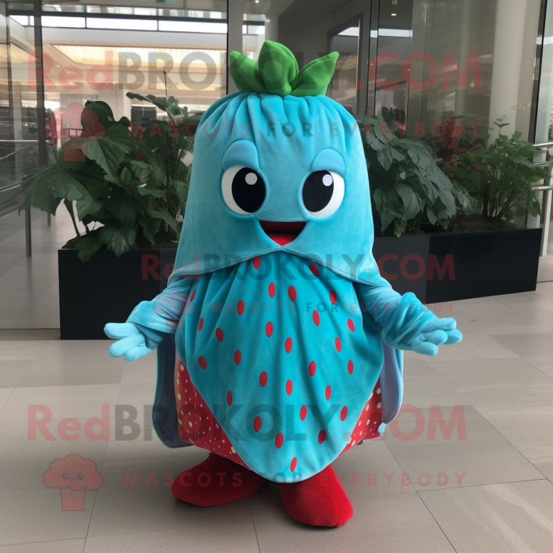 Turquoise Strawberry mascot costume character dressed with a Cover-up and Hair clips Turquoise Strawberry mascot costume character dressed with a Cover-up and Hair clips