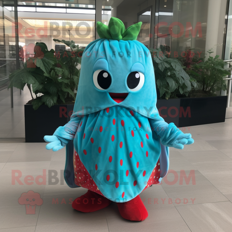 Turquoise Strawberry mascot costume character dressed with a Cover-up and Hair clips