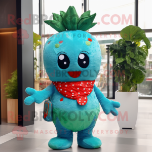 Turquoise Strawberry mascot costume character dressed with a Cover-up and Hair clips