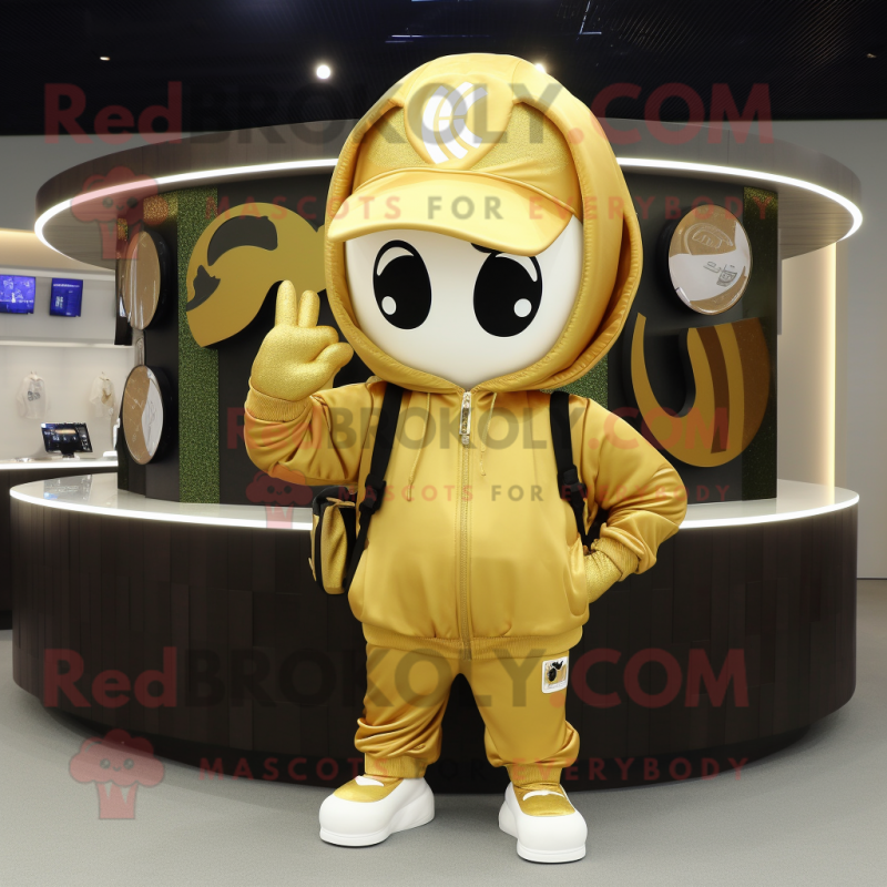 Gold Horseshoe mascot costume character dressed with a Hoodie and Backpacks Gold Horseshoe mascot costume character dressed with a Hoodie and Backpacks