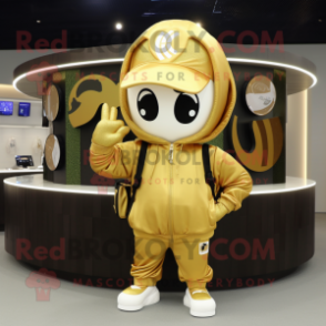 Gold Horseshoe mascot costume character dressed with a Hoodie and Backpacks