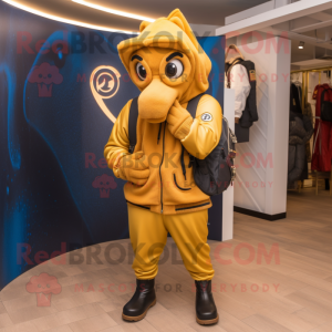 Gold Horseshoe mascot costume character dressed with a Hoodie and Backpacks